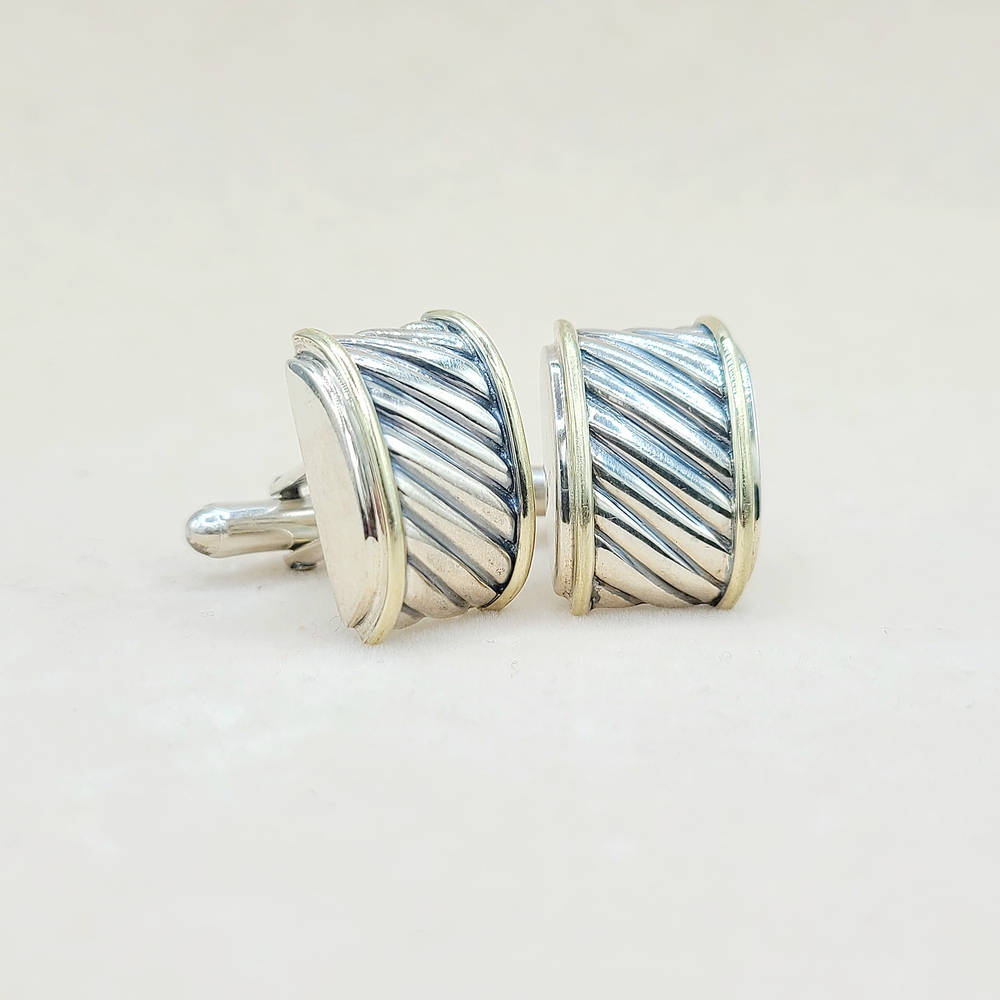 David Yurman Silver Gold Thoroughbred Cable Band Cufflinks